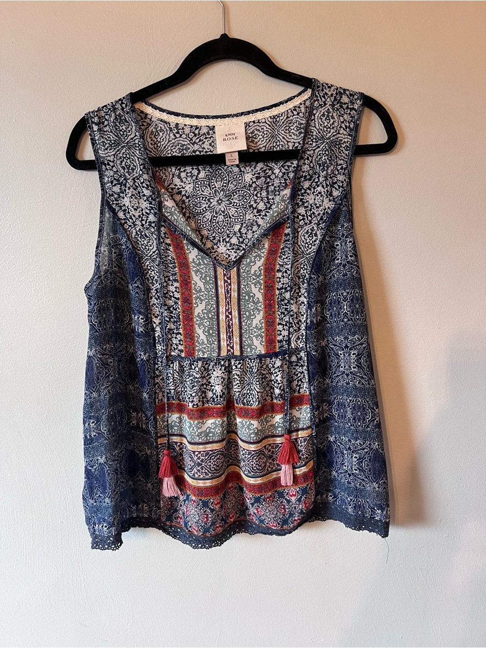 Knox Rose Navy and Multi-Color Boho Tassel Sleeveless Top